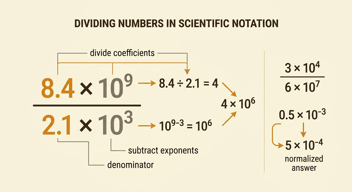 A division diagram shows coefficients divided, exponents subtracted, and 0.5 × 10^-3 normalized to 5 × 10^-4.