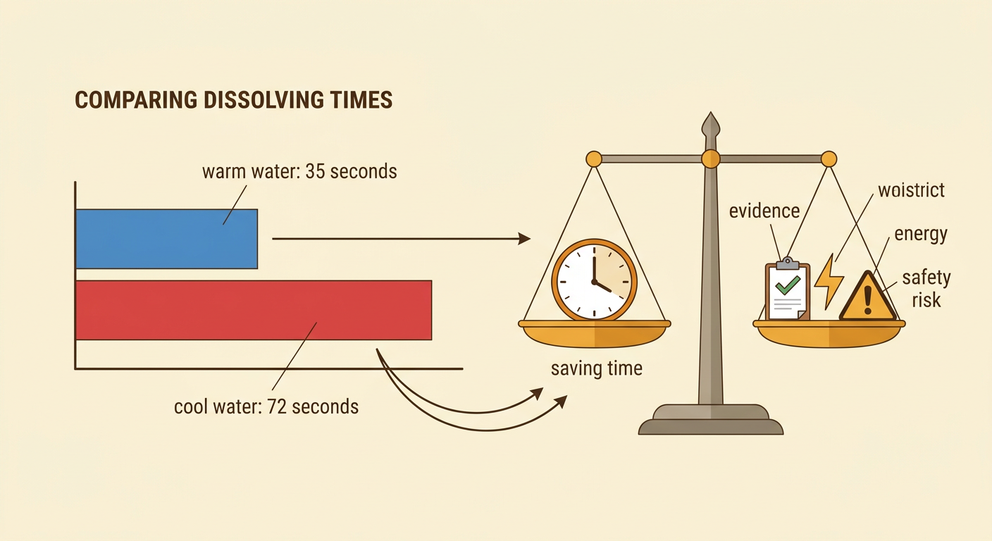 A results chart compares warm and cool dissolving times alongside symbols for energy use and water safety.