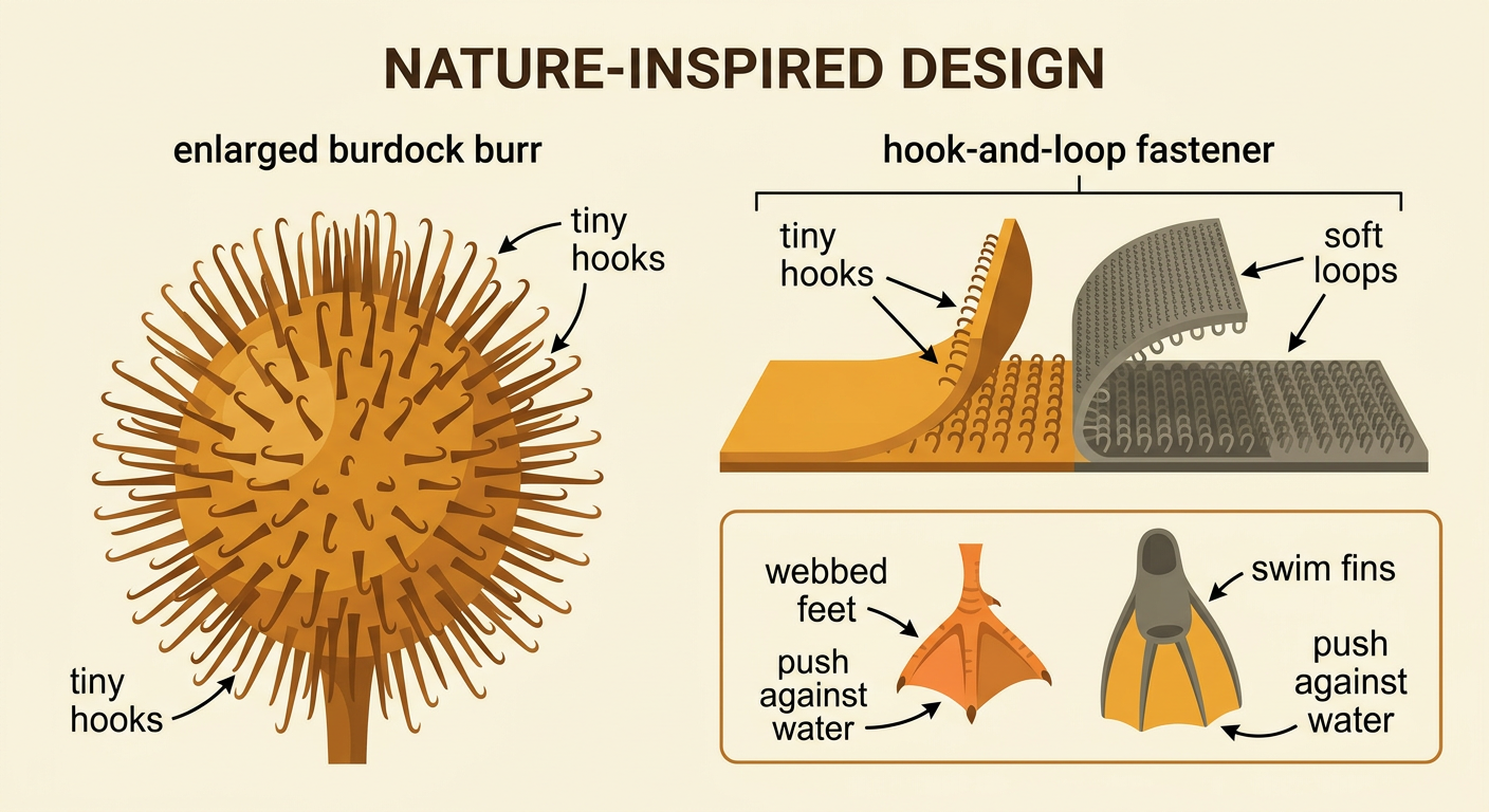 A close-up comparison shows a burdock burr beside a hook-and-loop fastener, with swim fins beside webbed feet.