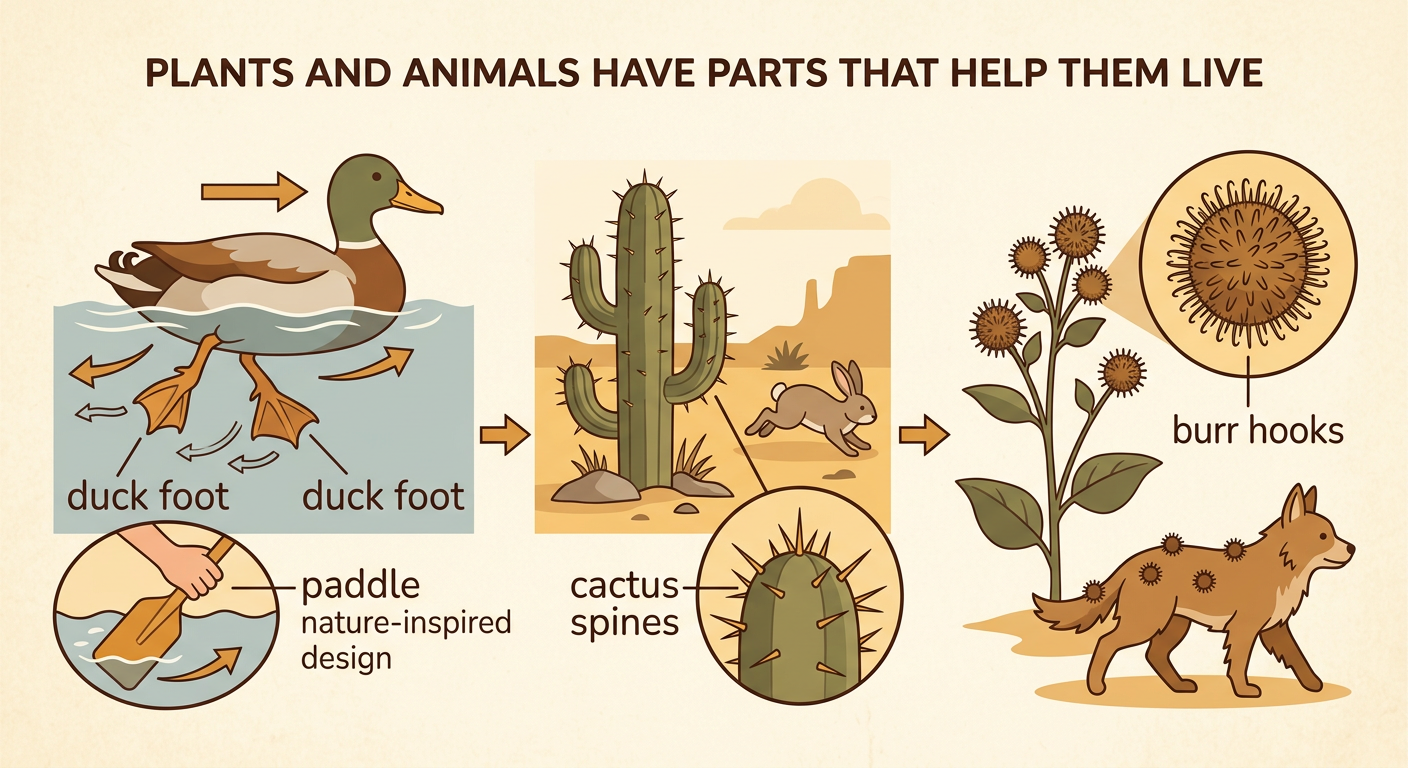 A duck foot, cactus spines, burr hooks, and a paddle show useful natural shapes and a copied tool.