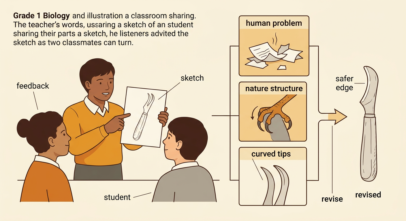 A child shows a grabber sketch while a partner asks a question and suggests a safer edge.