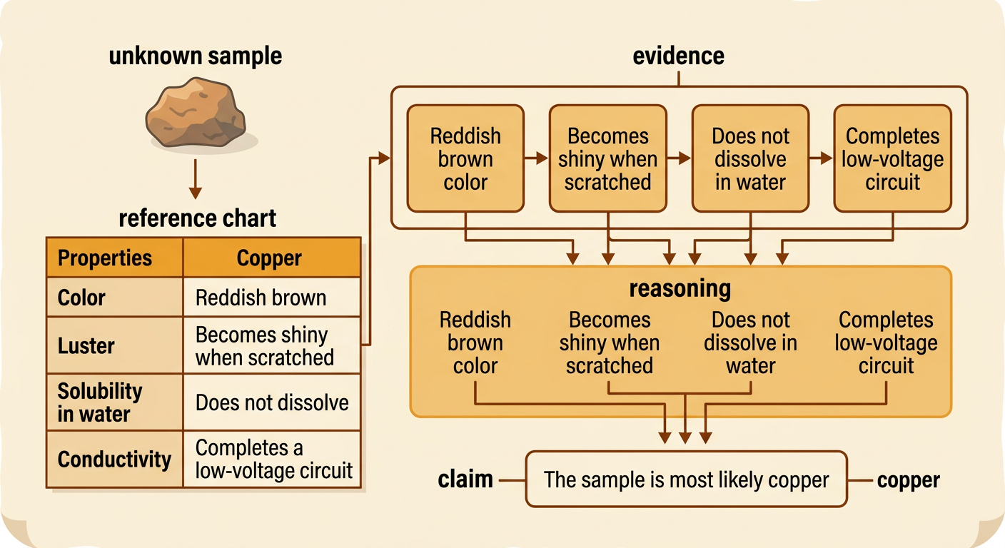 An unknown reddish brown sample is matched to copper using a reference chart and four test results.