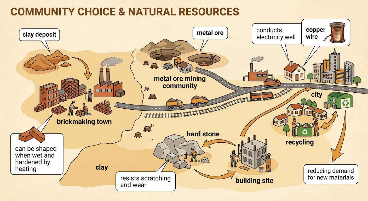 A community uses copper wire, hard stone, and clay while protecting land near its resource sites.