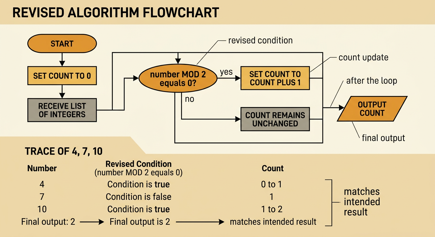 A revised flowchart checks for a remainder of 0, updates the count for 4 and 10, and outputs 2 after the loop.