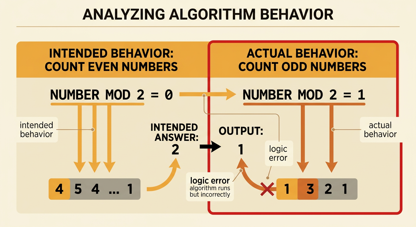 A side-by-side comparison shows that the intended behavior counts 4 while the actual behavior rejects it because of the wrong MOD comparison.
