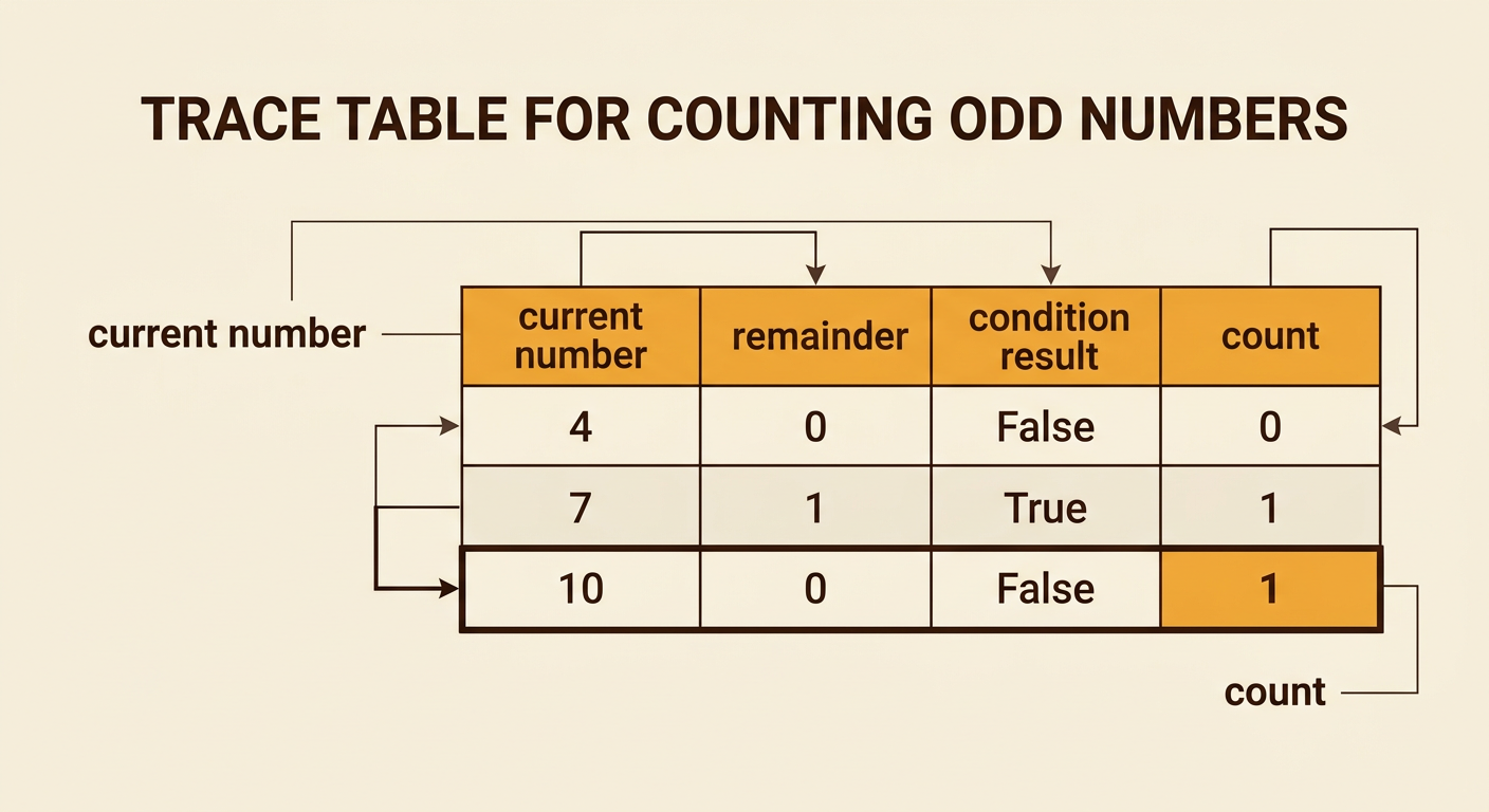 A completed trace table follows 4, 7, and 10 through the incorrect condition and ends with a count of 1.