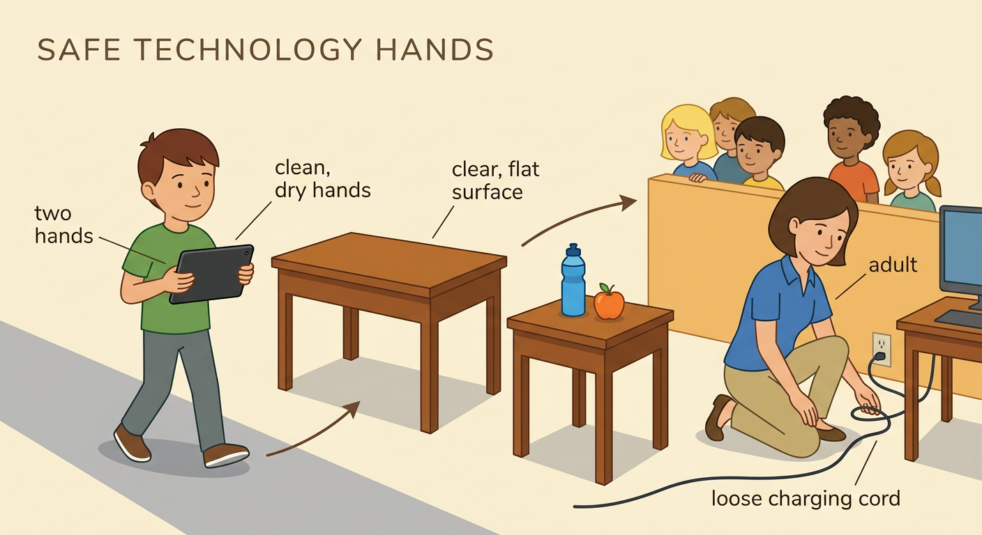 Ben carries a tablet with two hands while staying back from a loose charging cord and telling an adult.