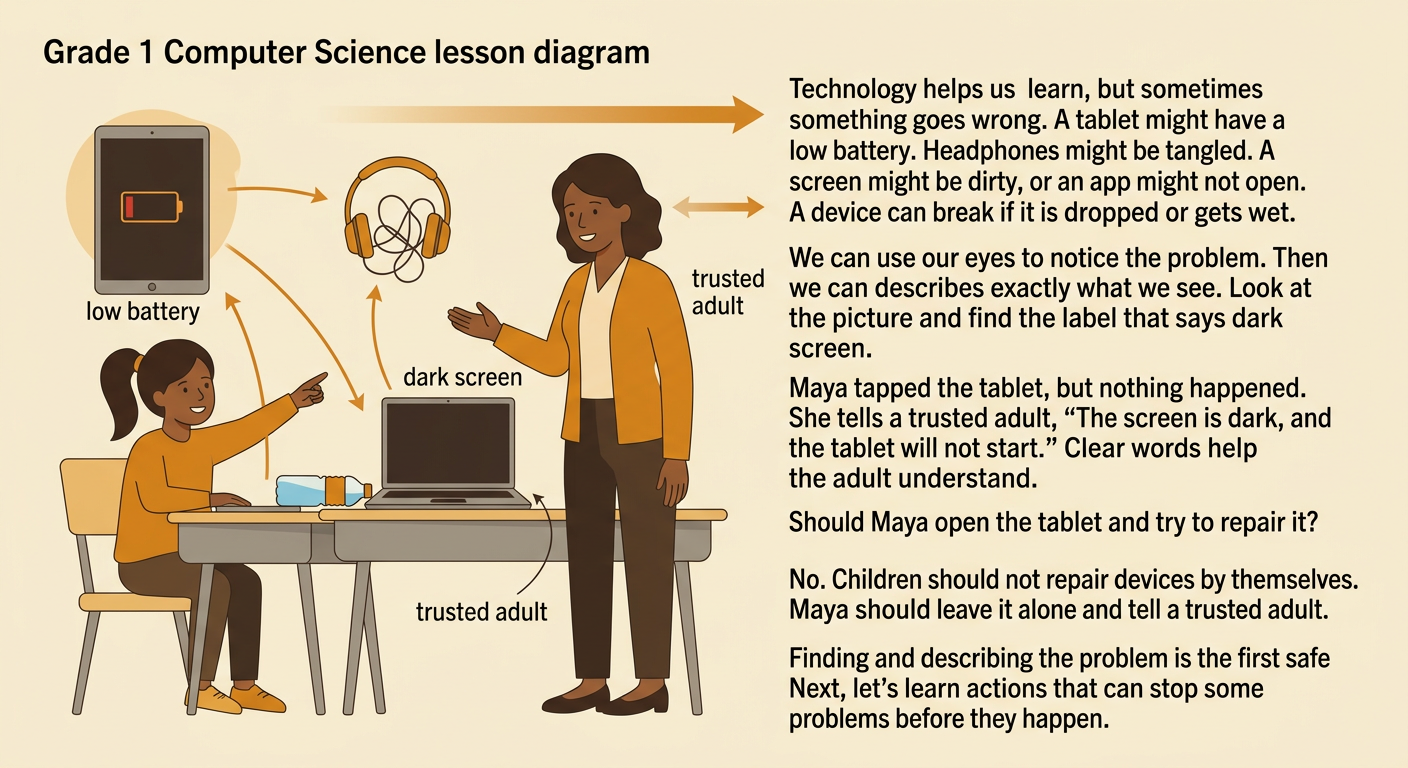 Maya points to a tablet with a dark screen while clearly describing the problem to a trusted adult.