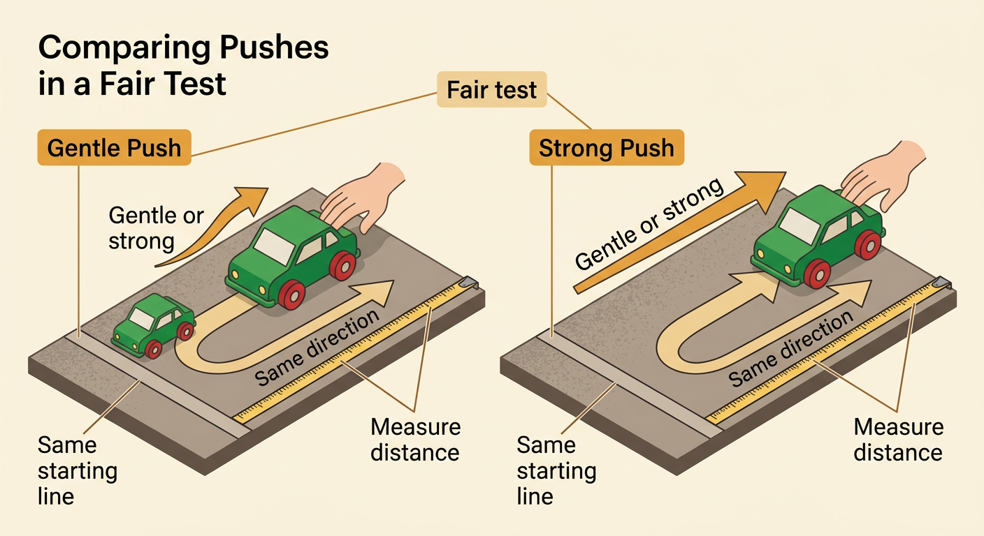 Keep the car, path, starting line, and direction the same while changing the push strength.