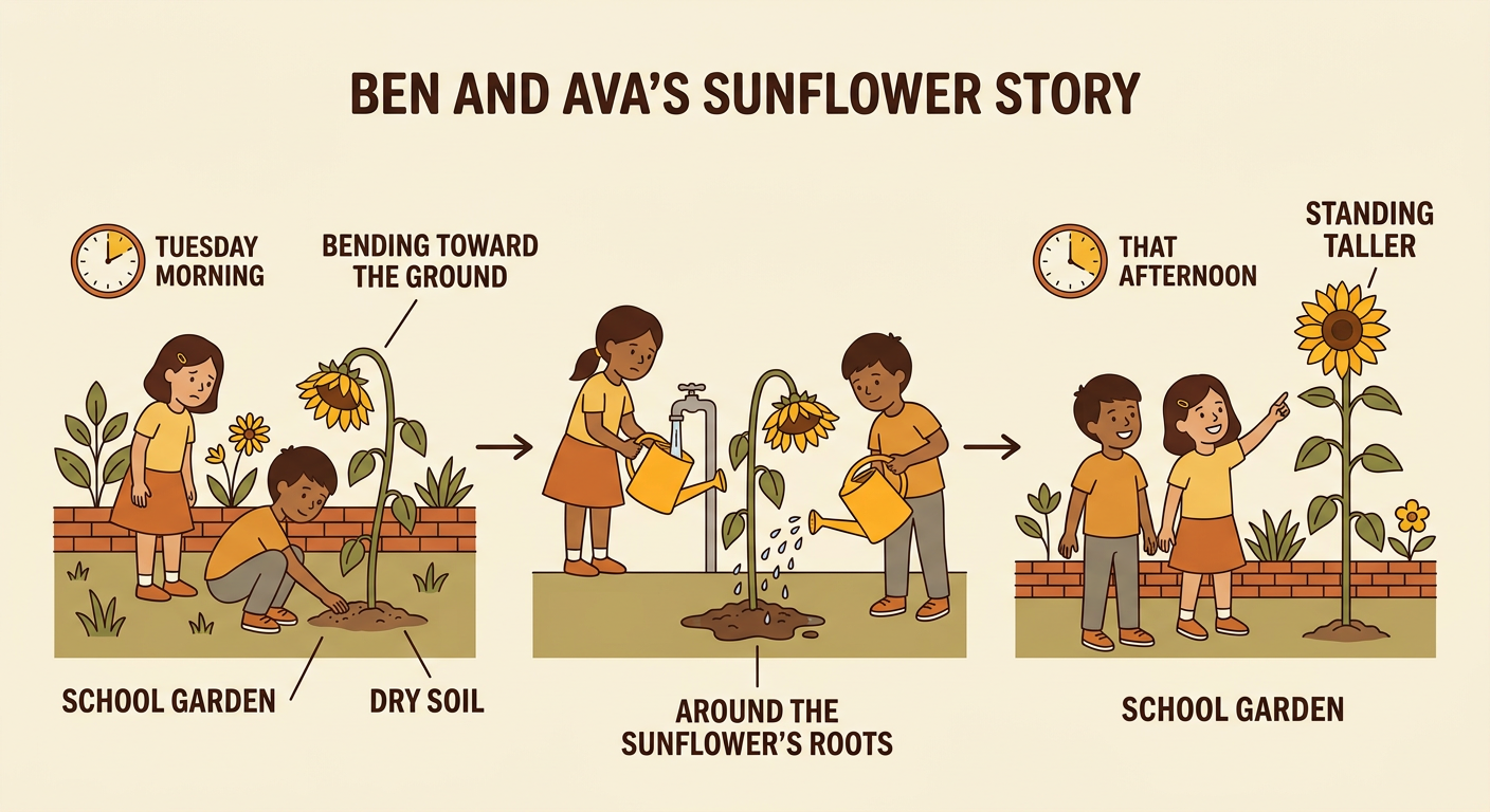 A story timeline shows Ben and Ava helping a drooping sunflower in the morning and seeing it taller in the afternoon.