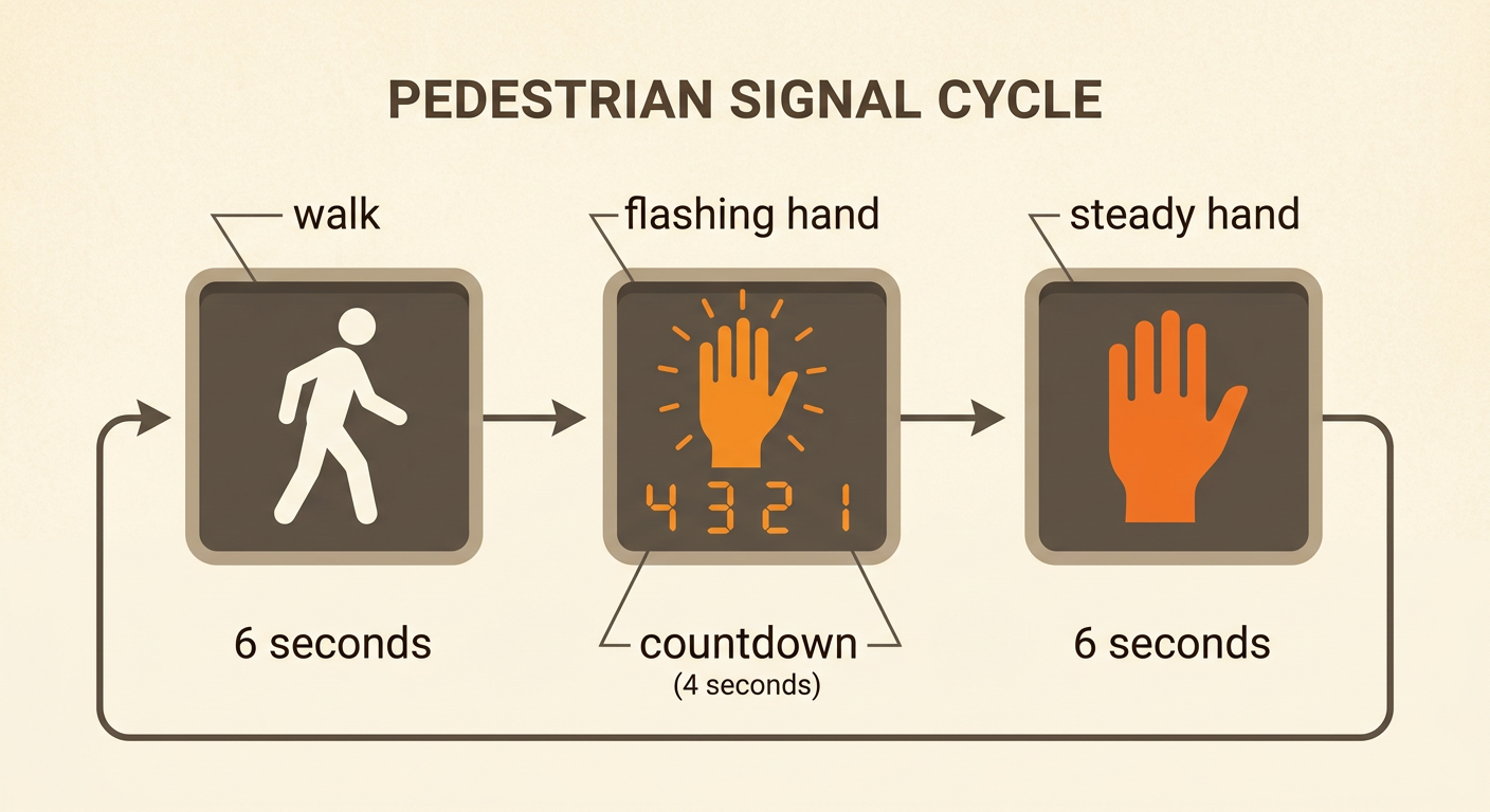A three-phase pedestrian signal timeline shows the white walking person, flashing orange hand with countdown, and steady orange hand with their times.