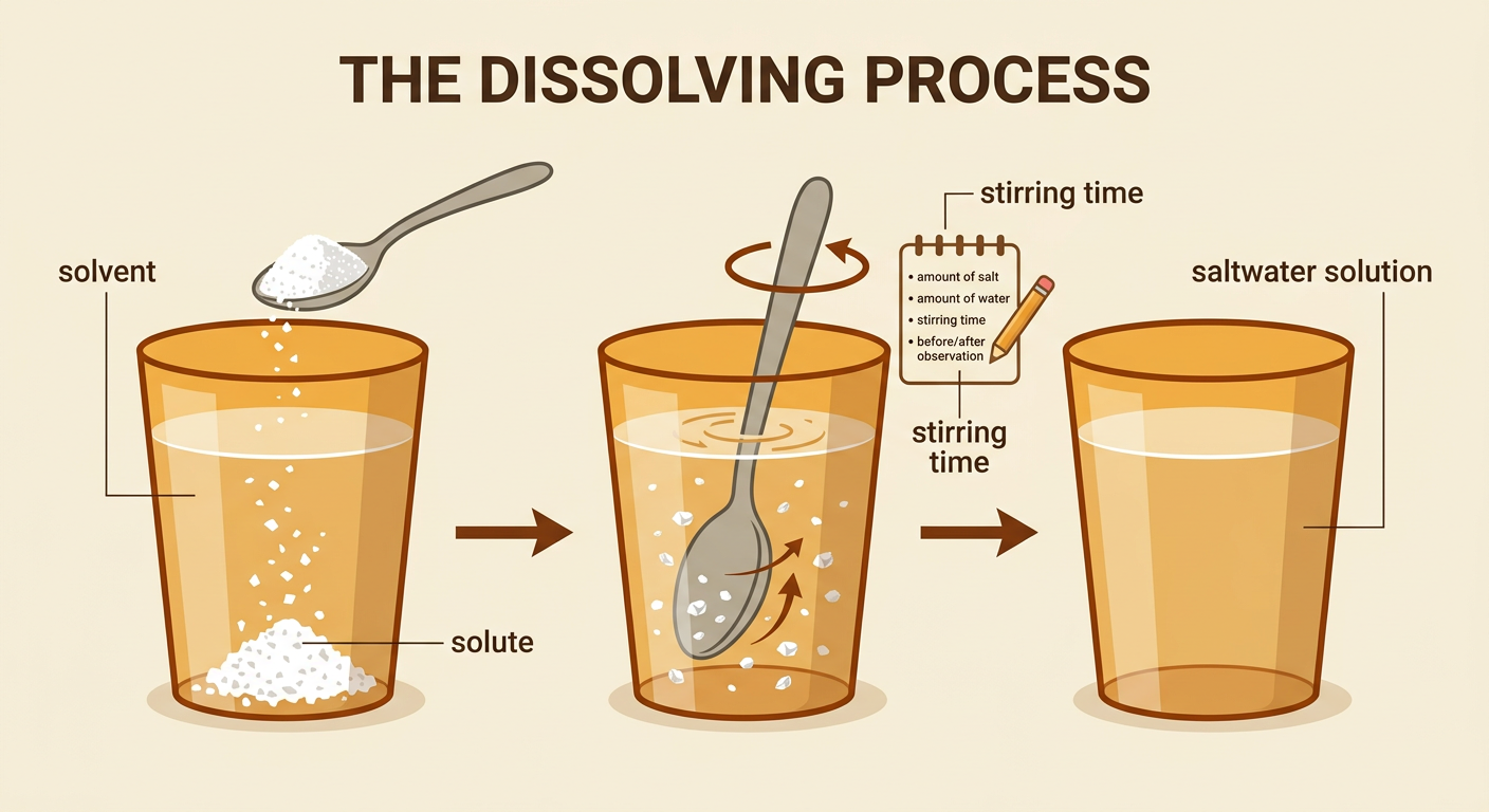 A clear cup shows table salt being stirred into water to form a clear saltwater mixture.