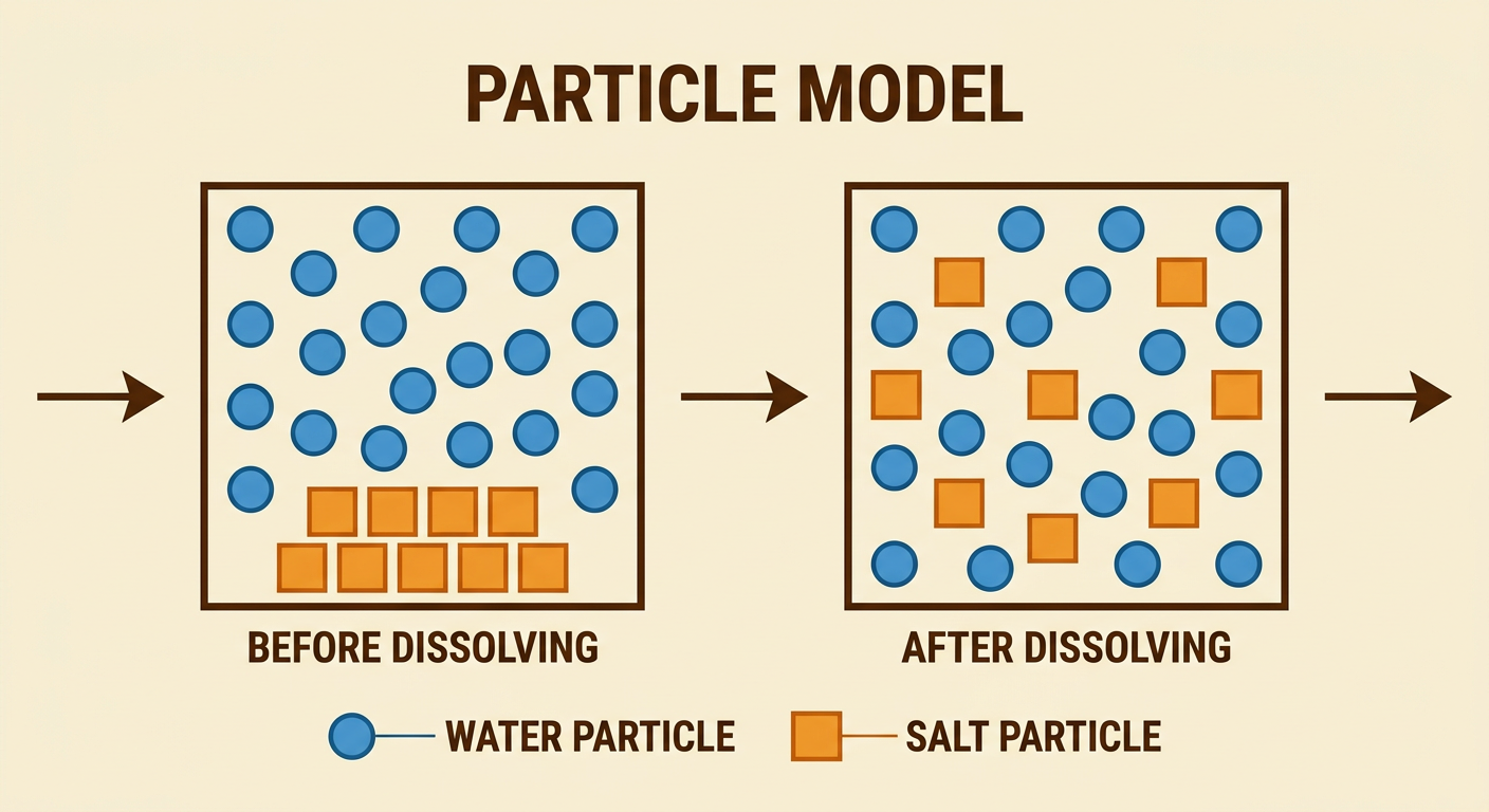 Two equal particle-model boxes show the same water and salt particles before and after dissolving, with a key identifying each symbol.