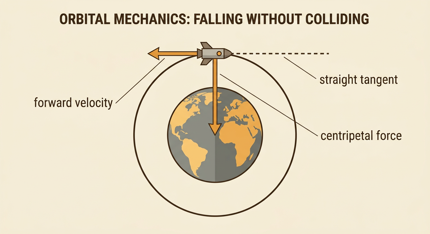 A satellite follows Earth’s curve as gravity bends its forward velocity away from a straight tangent.