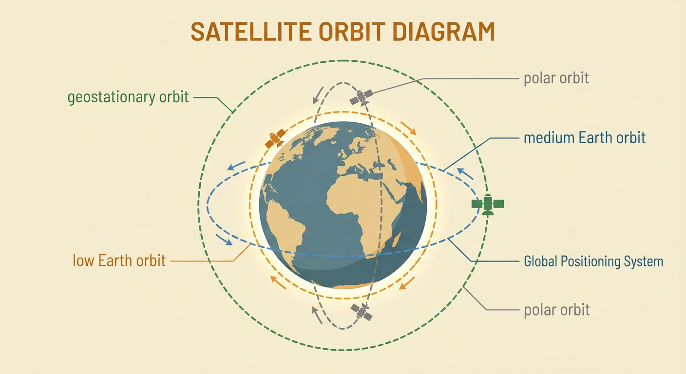 Earth is surrounded by low, medium, polar, and geostationary satellite paths used for different missions.