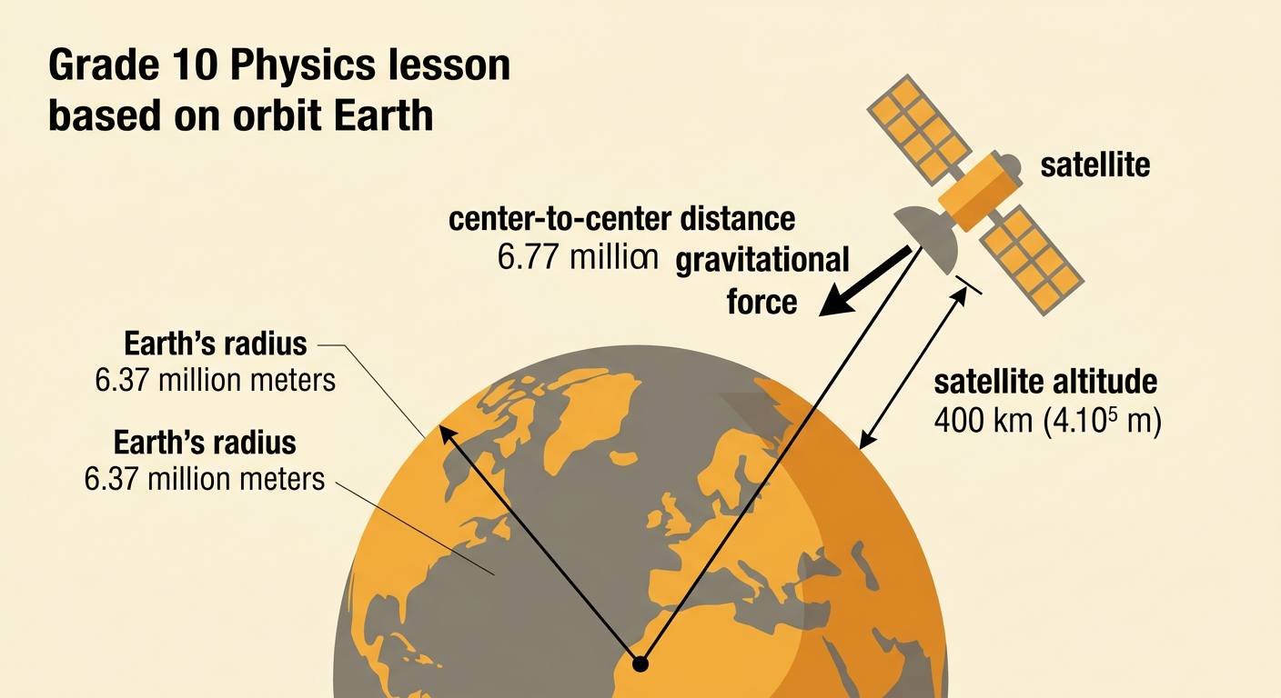 A satellite above Earth shows how Earth’s radius and satellite altitude combine to give center-to-center distance.