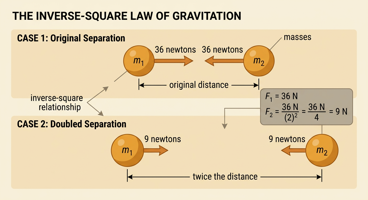 Two object pairs compare gravitational force at an original distance and at twice that distance.