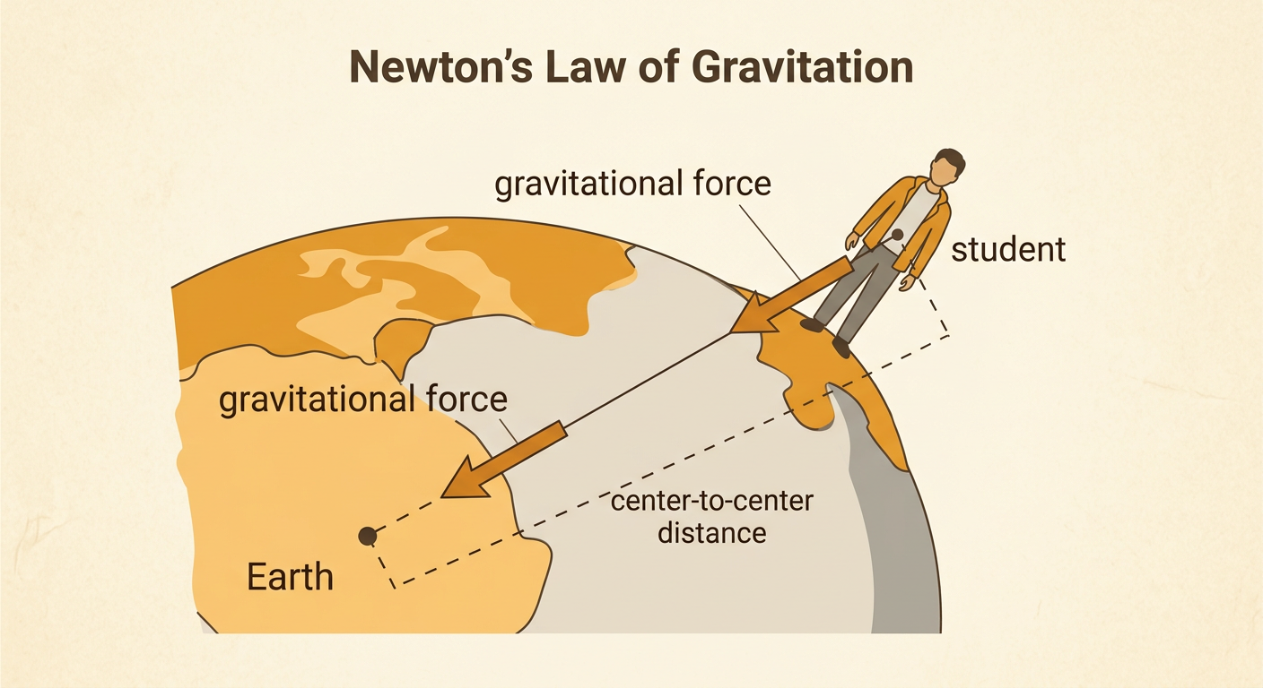 Earth and a student pull toward each other with equal gravitational forces in opposite directions.