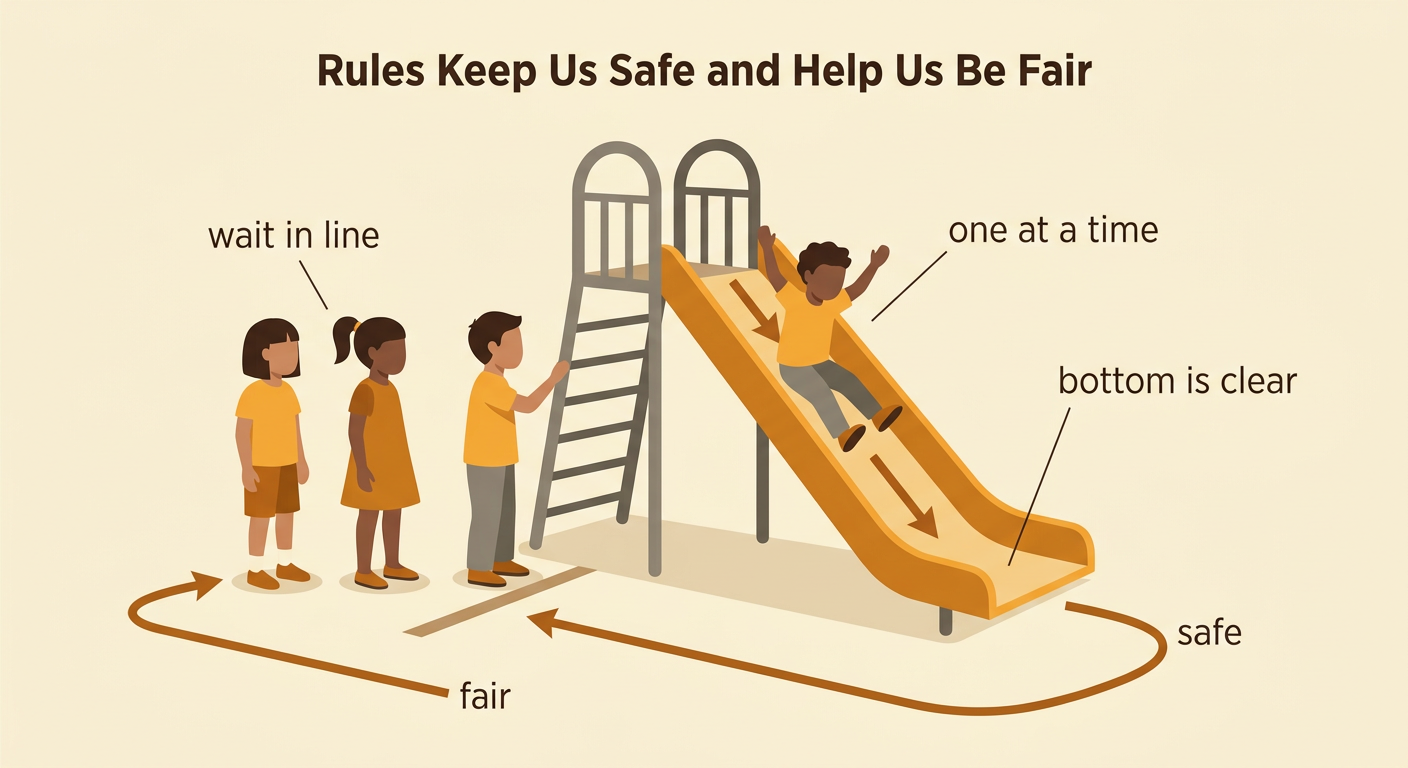 Children wait in a spaced line and use a playground slide one at a time while checking that the bottom is clear.