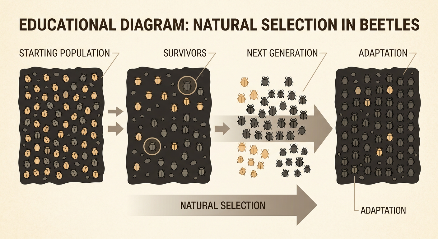 A comparison shows light and dark beetles before and after bird predation on dark soil.