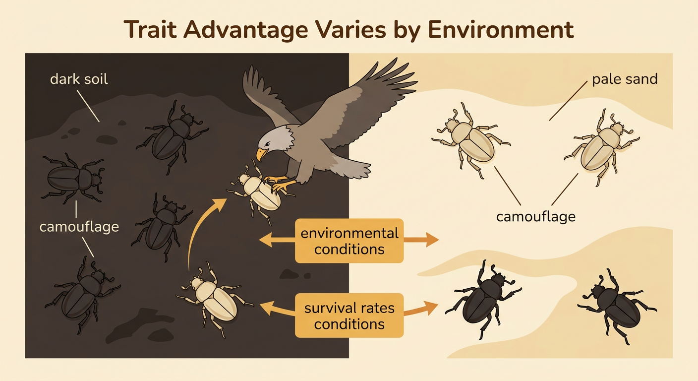Light-brown and dark-brown beetles are shown on dark soil and pale sand as birds search for prey.