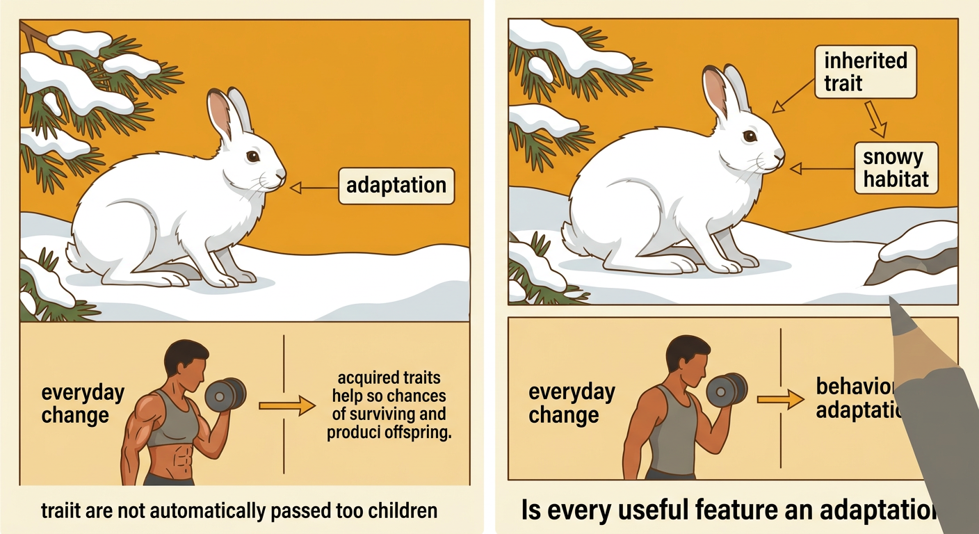 A snowshoe hare with a white winter coat in a snowy habitat is contrasted with a person developing stronger muscles through exercise.