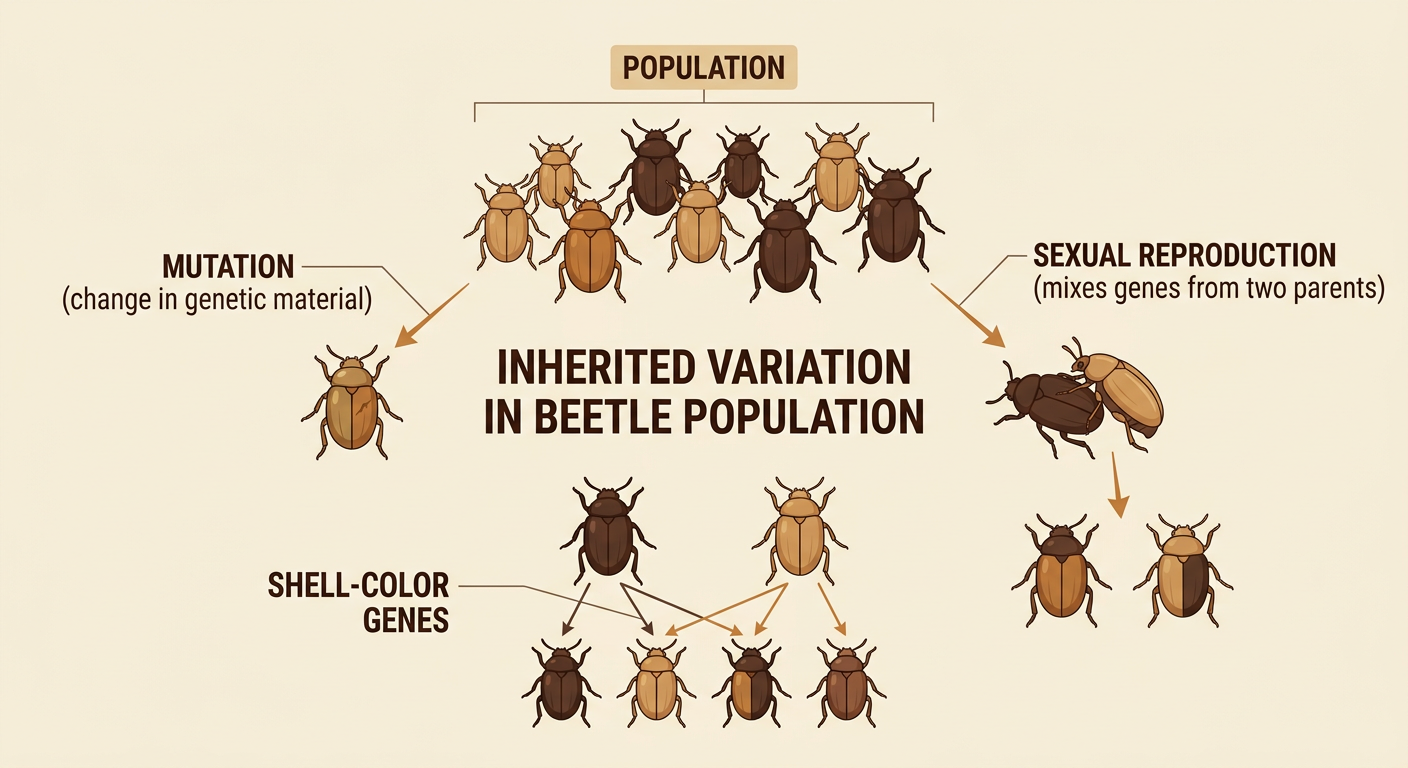 A beetle population shows inherited differences in shell color alongside a noninherited injury.