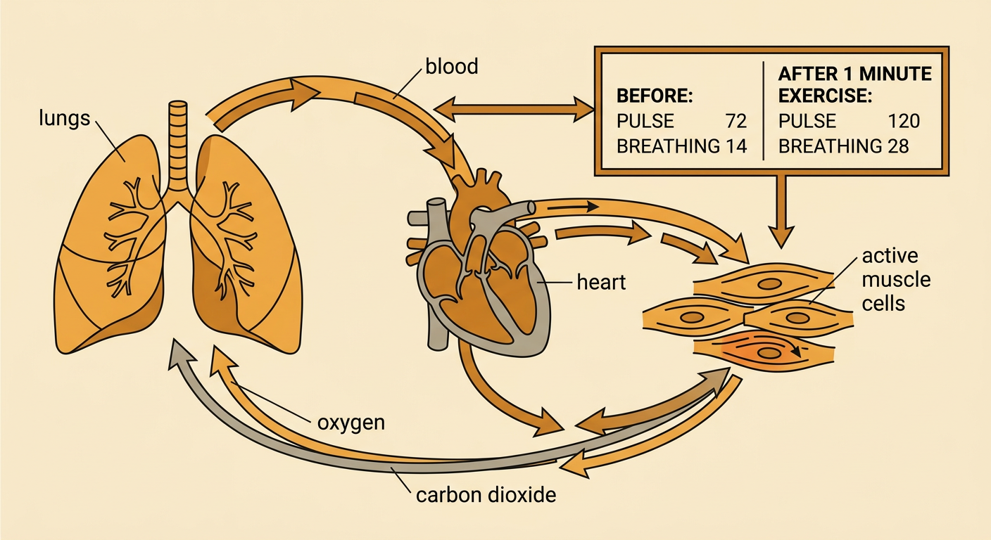 An interaction model uses arrows to show increased gas transport among the lungs, blood, heart, and active muscles.