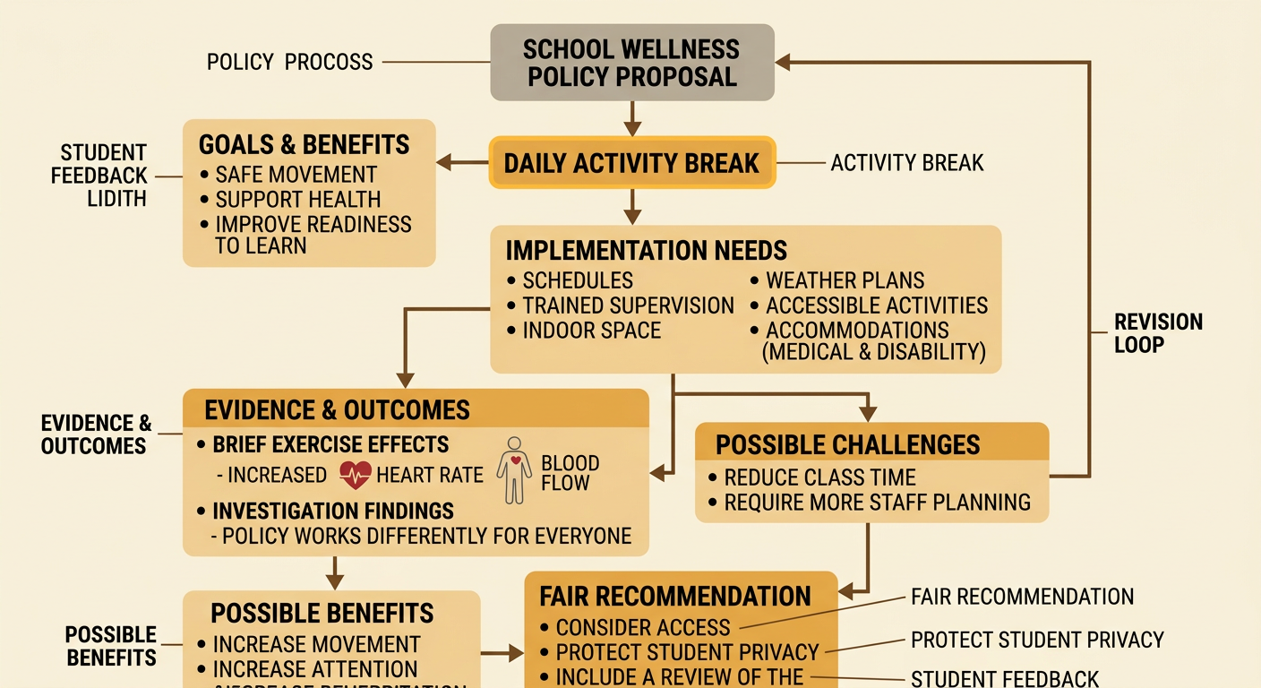 A school planning scene shows people evaluating an inclusive daily activity break and its possible effects.