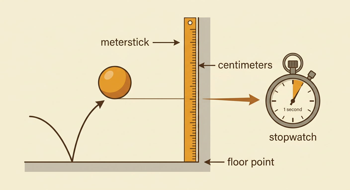 A bouncing ball is measured beside a wall with a meterstick while a stopwatch records time.