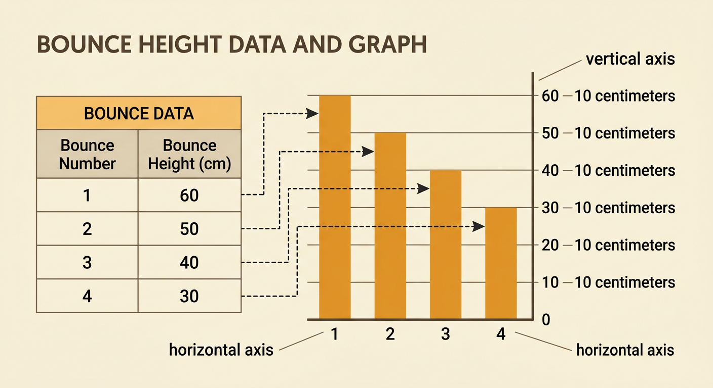 A table and matching bar graph show four bounce heights decreasing from 60 to 30 centimeters.