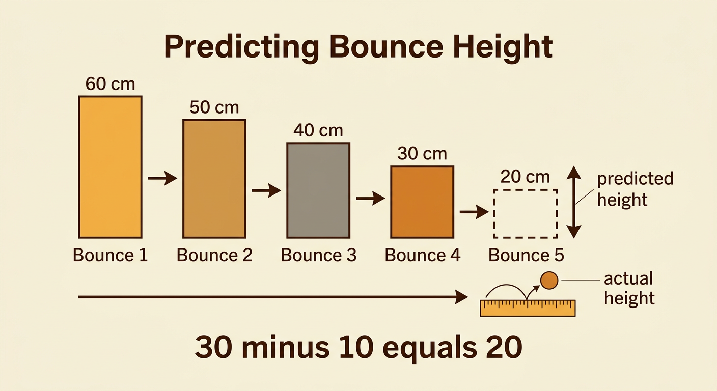A fifth ball bounce is tested beside a scale comparing its predicted height with its actual height.