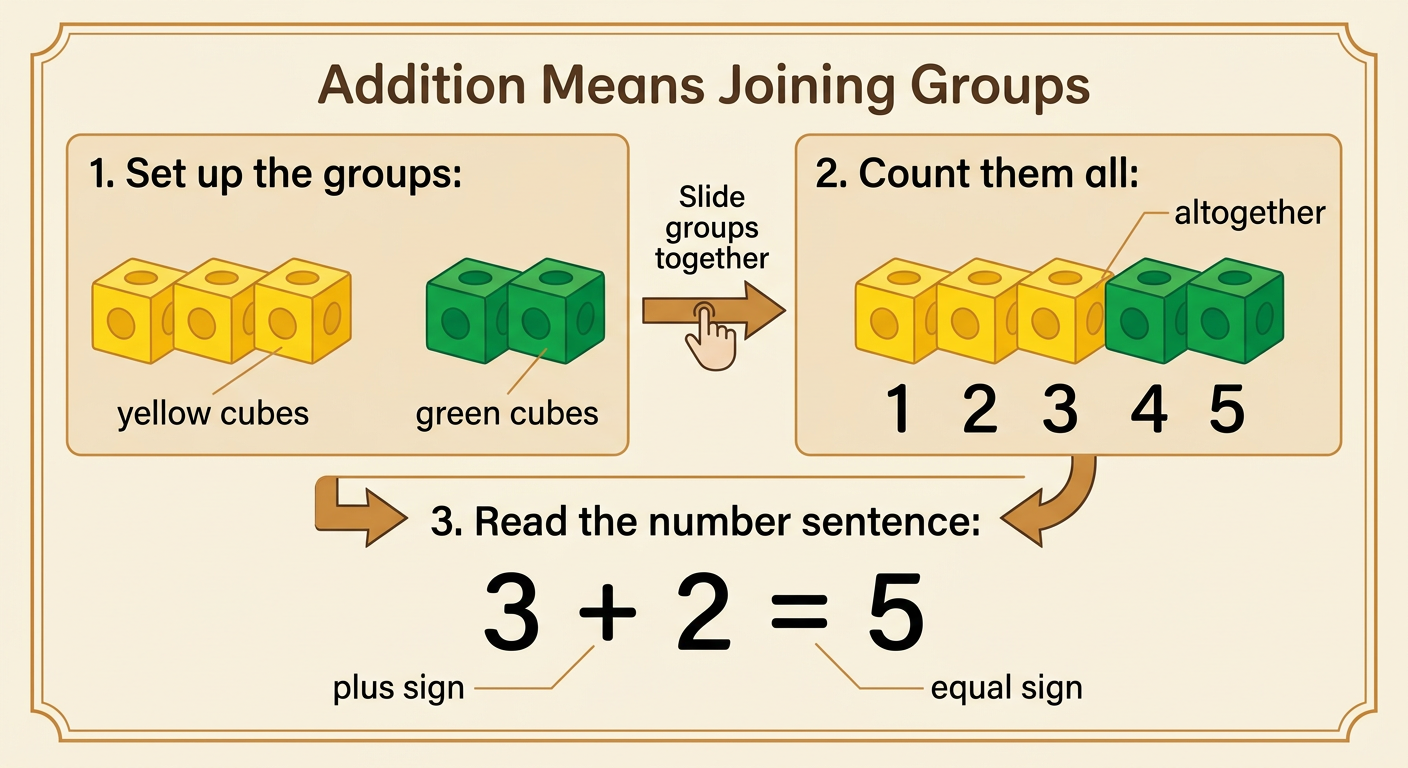 A two-panel picture shows three yellow cubes joining two green cubes and four children joined by one more child.
