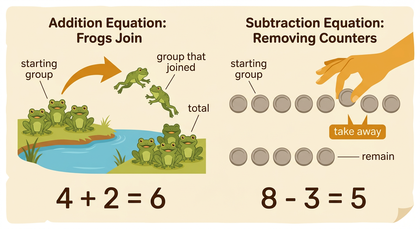 A two-panel model shows four frogs joined by two more and eight counters with three removed, beside matching equations.