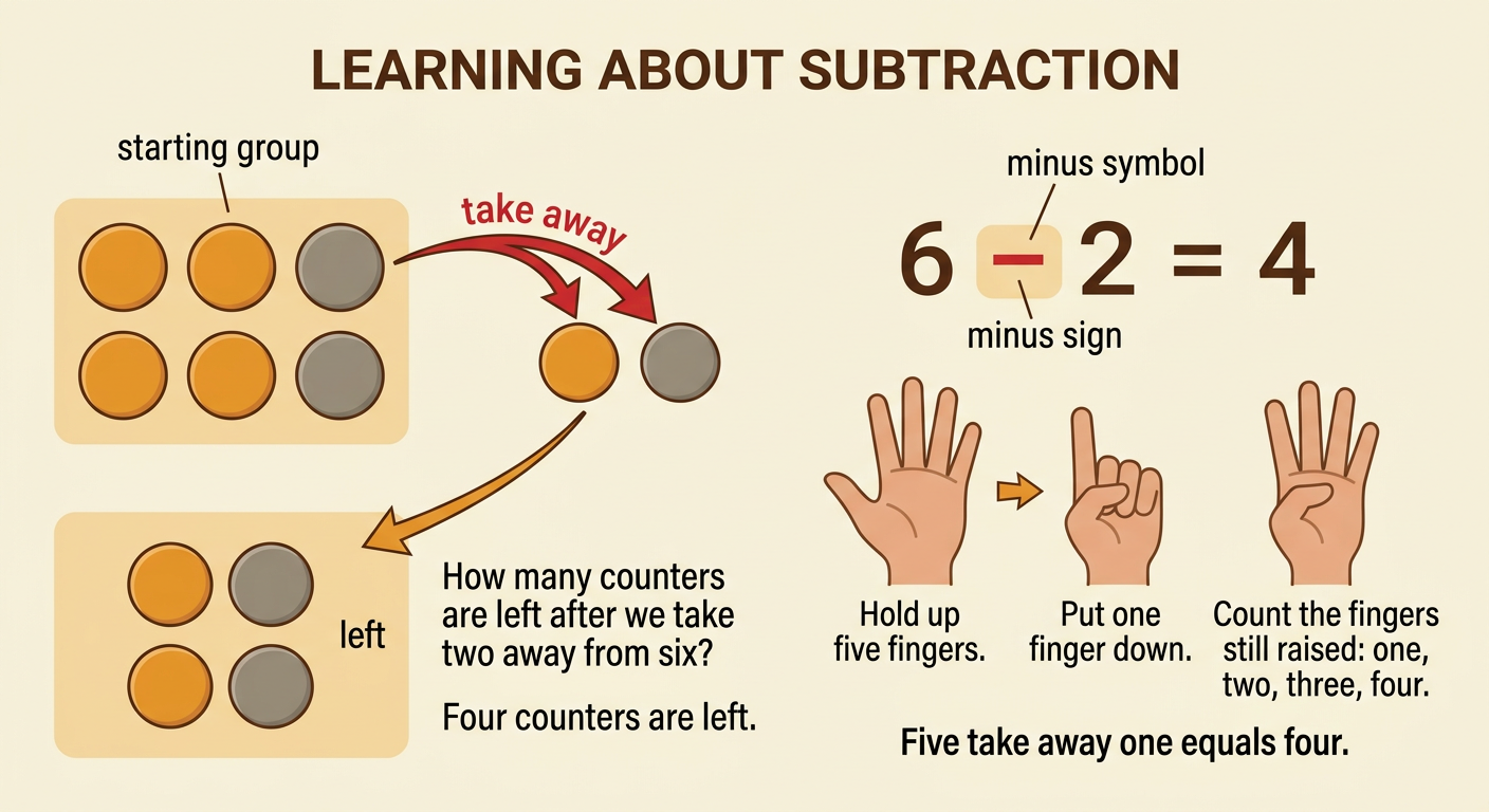 A two-panel picture shows six counters with two removed and a five-finger hand with one finger folded down.
