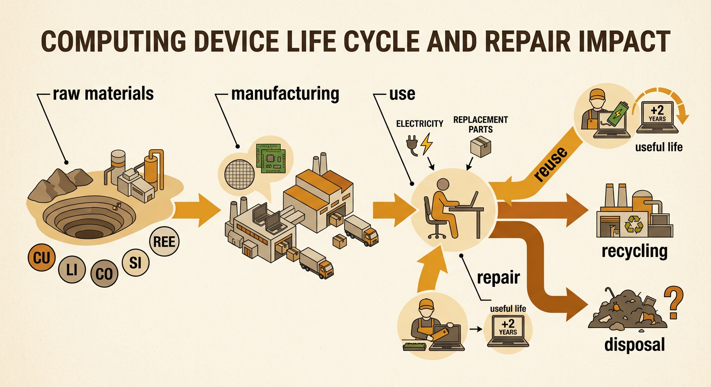 A device life-cycle diagram traces a laptop from material extraction through production, use, repair, and material recovery.