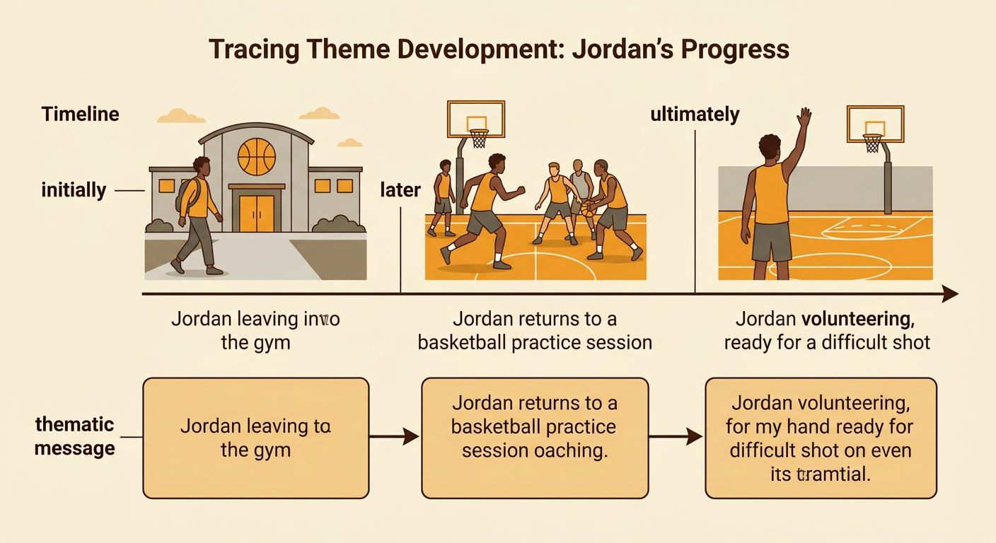 A three-stage timeline shows Jordan initially leaving, later practicing, and ultimately volunteering for another difficult shot.
