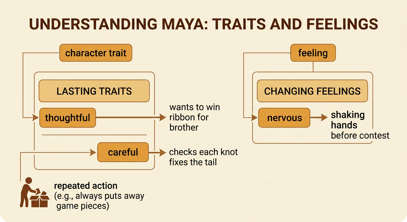 A character chart connects Maya’s repeated kite-checking and retrying to thoughtful and careful qualities while separating her nervous emotion.