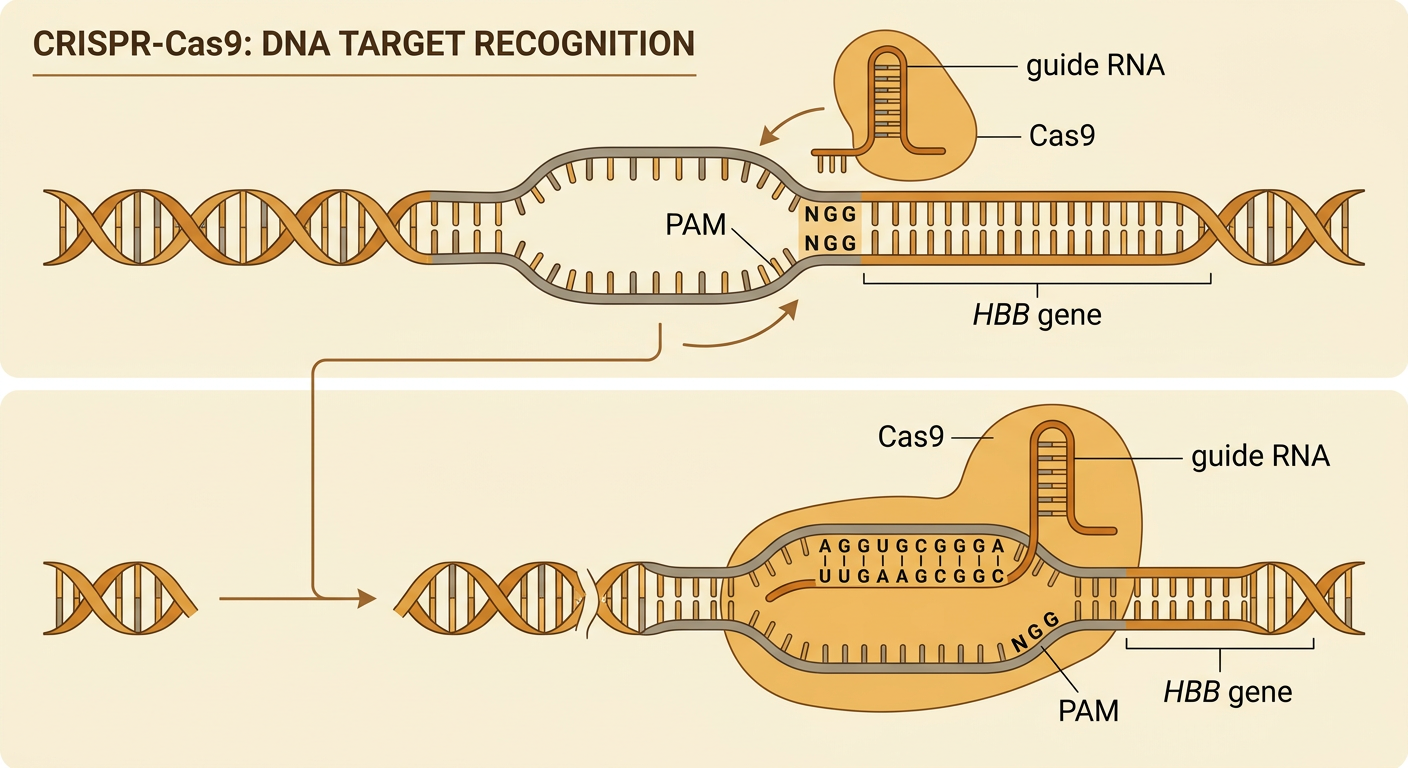 A molecular diagram shows guide RNA directing Cas9 to a matching sequence beside a PAM in the HBB gene.