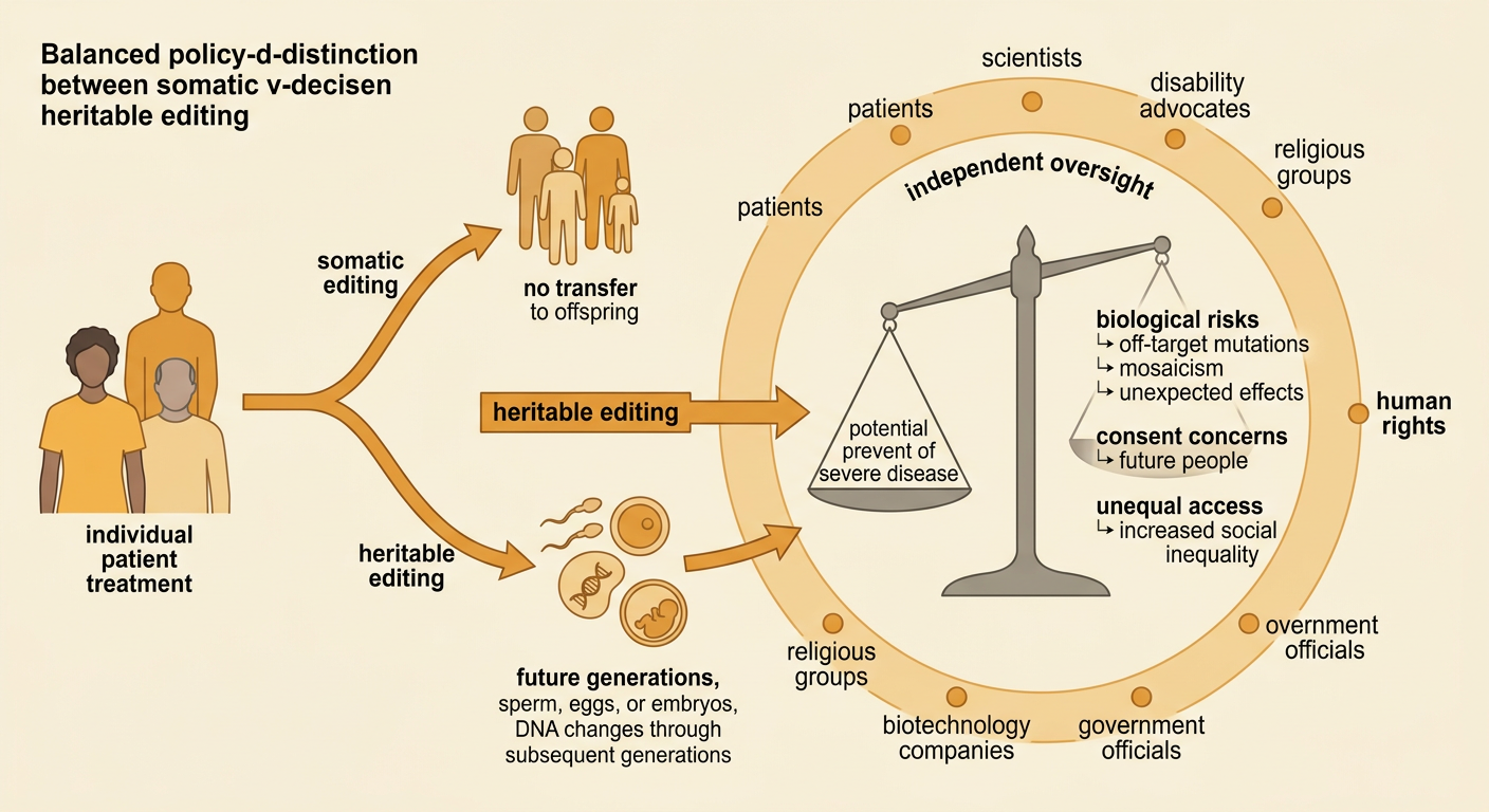 A public policy hearing compares somatic editing with heritable editing and its possible effects on future generations.