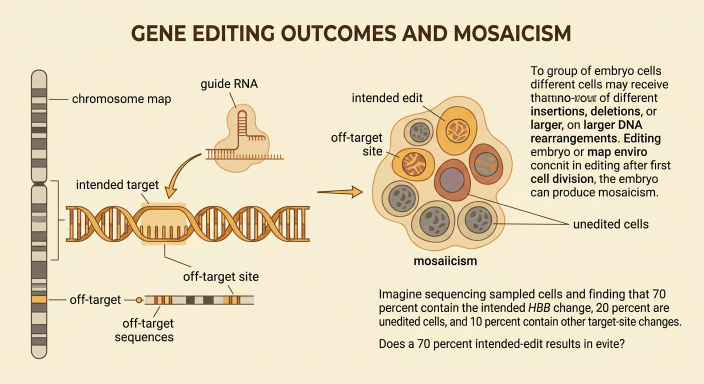 A group of embryo cells shows intended edits, unedited cells, and mosaicism alongside an off-target DNA mutation.