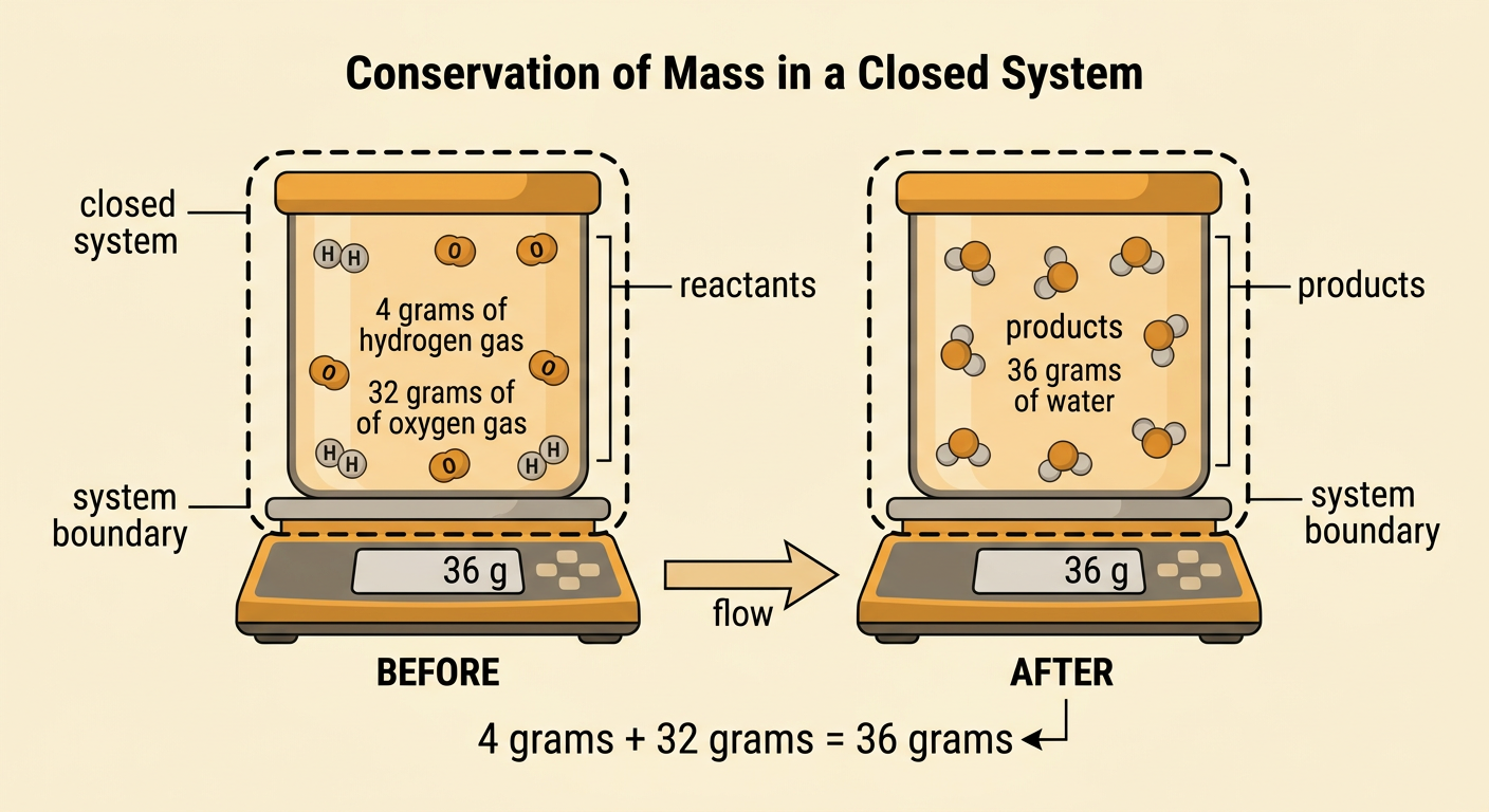 A sealed container shows hydrogen and oxygen changing into water while the total mass remains 36 grams.