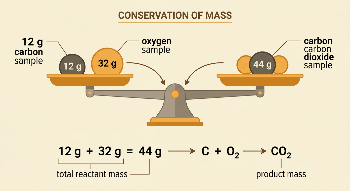 A mass calculation shows 12 grams of carbon plus 32 grams of oxygen producing 44 grams of carbon dioxide.