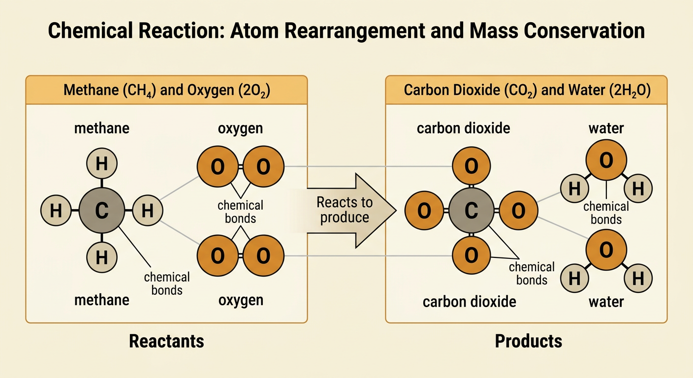 A particle diagram shows methane and oxygen atoms rearranging into carbon dioxide and water.