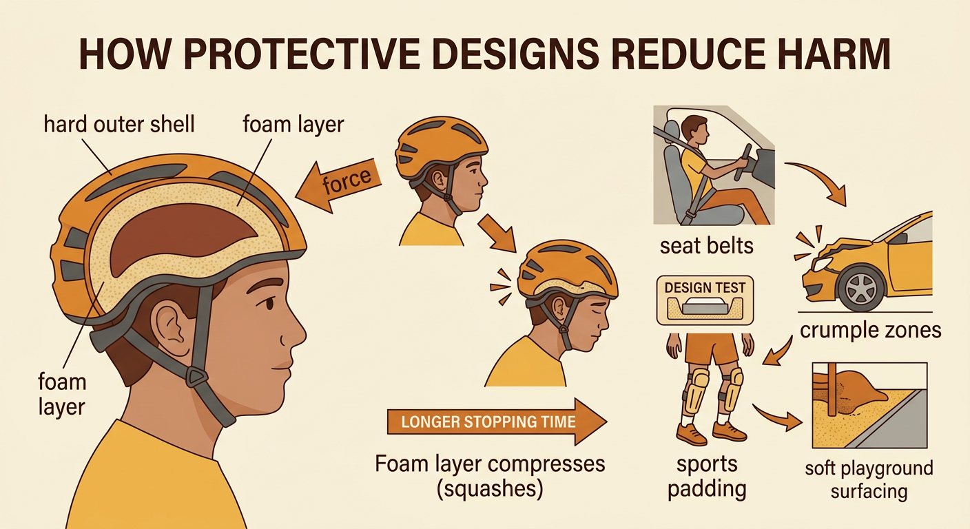 A bicycle helmet cutaway shows how its shell and foam protect a head during a fall.