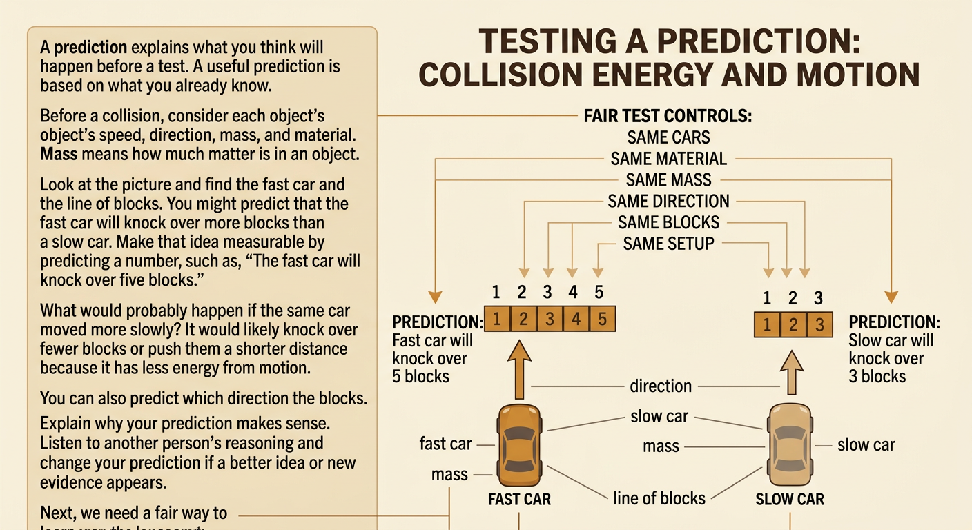 Two toy cars moving at different speeds approach equal lines of blocks.