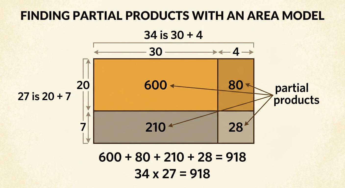 An area model divides 34 times 27 into four smaller rectangles.
