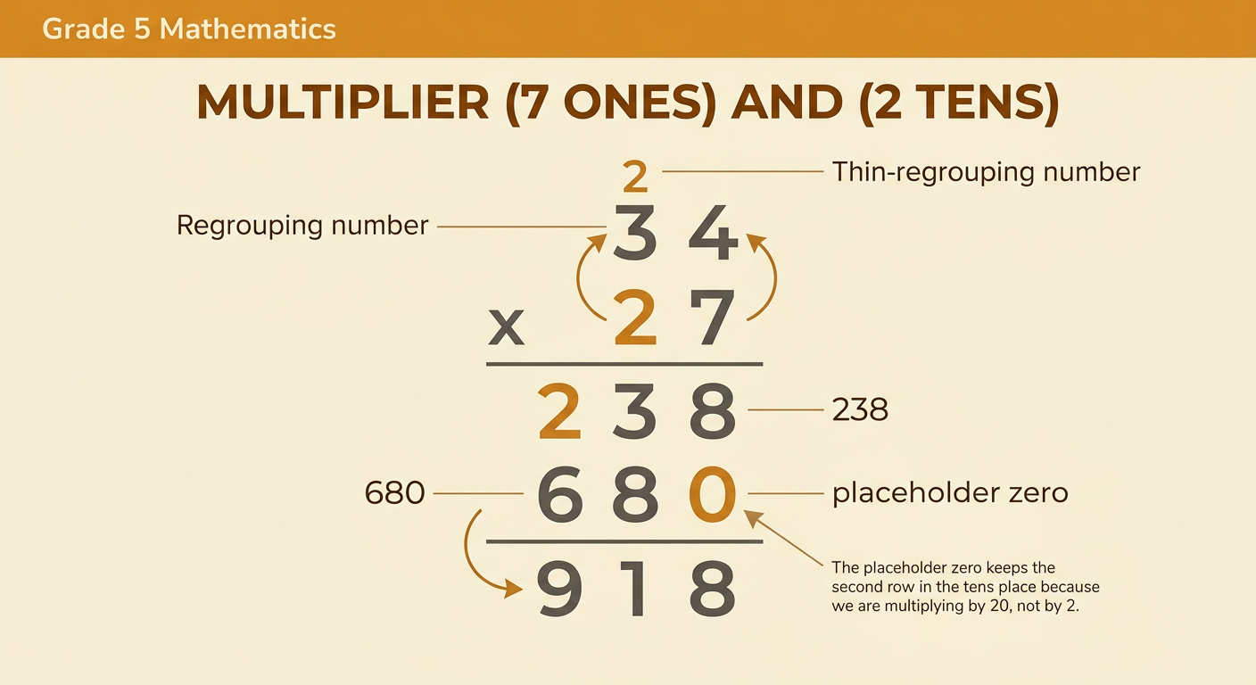 A vertical calculation connects 34 times 27 to its two partial-product rows.