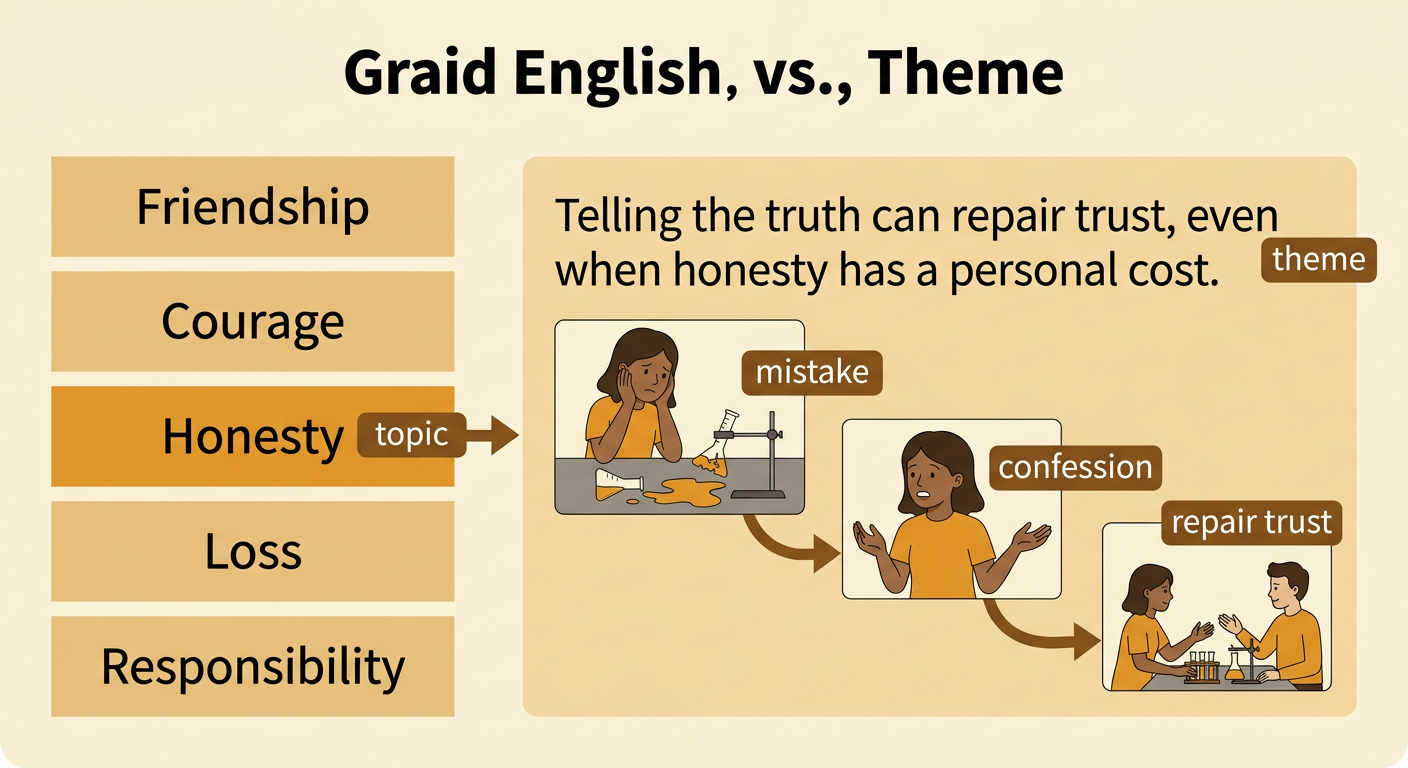 A diagram shows Lena’s mistake and confession beside the difference between a topic and a theme.