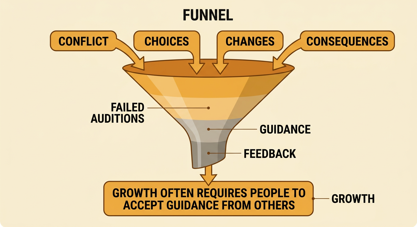 A character path shows Marcus moving from conflict and failed auditions to guidance and growth.